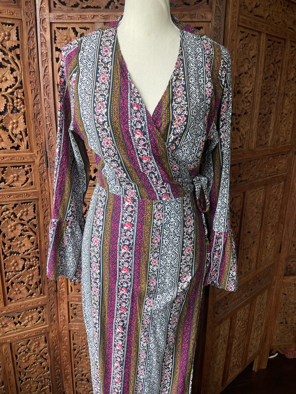Striped Floral Wrap Dress in Pink and Black